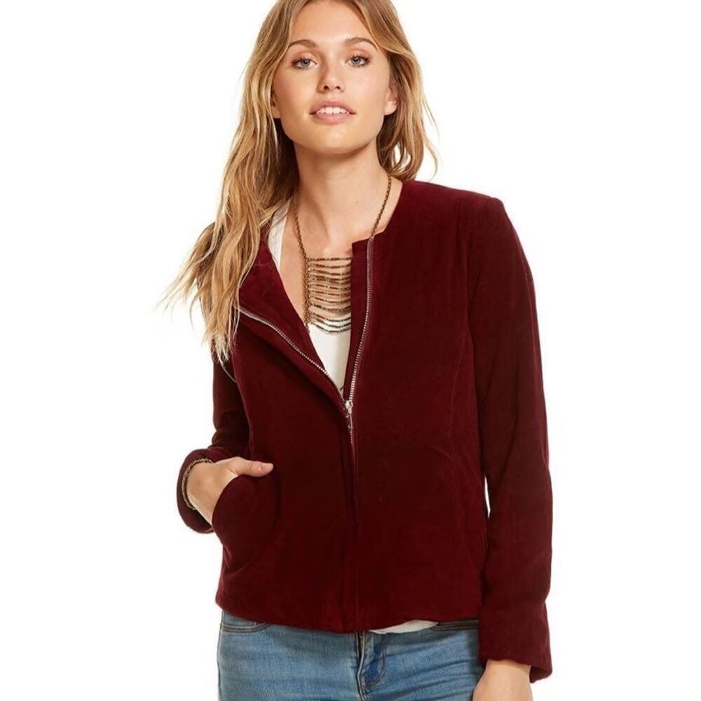 Chaser Coco Collarless Suede Leather Jacket Maroon Size M